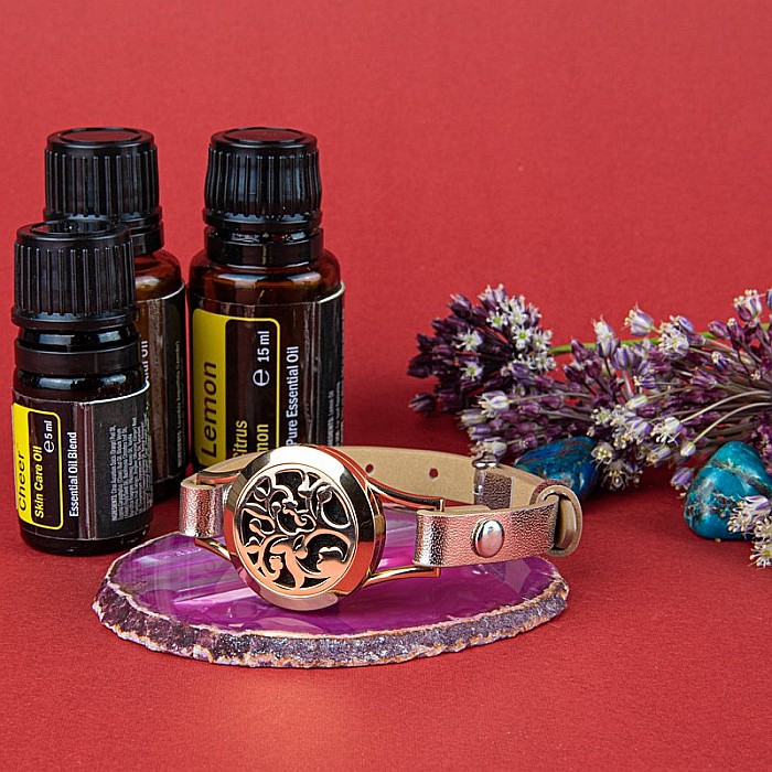 Bratara Pentru Aromaterapie Uleiuri Esentiale, Curea din Piele Ecologica, Aurie, Simpla, cu Medalion Rose Gold Flower [6]