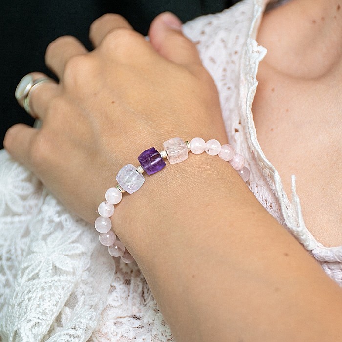 Bratara pentru femei Sipra, din cristale de Cuart Roz de madagascar si Ametist cu accesorii din argint 925 [2]