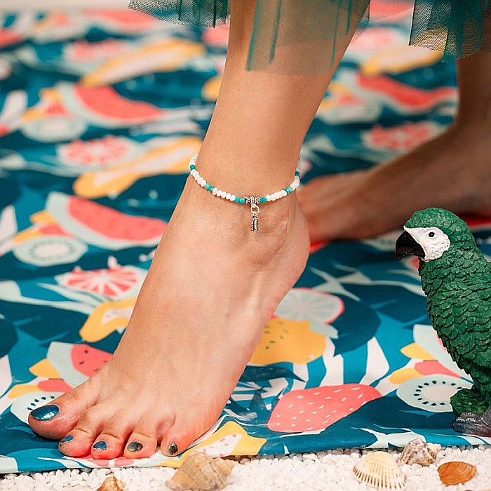 Bratara de picior elastica Saira din Mother of Pearls si cristale de Amazonit cu charm frunzulite din argint [5]