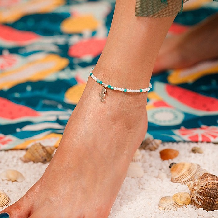 Bratara picior Yamini din cristale de Amazonit si margele de Scoica cu charm Calut de mare din Argint 925 [5]