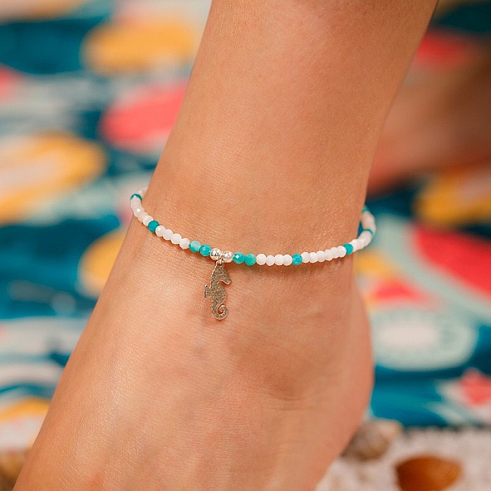 Bratara picior Yamini din cristale de Amazonit si margele de Scoica cu charm Calut de mare din Argint 925 [3]