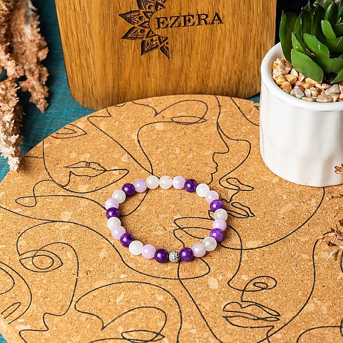 Bratara pietre naturale pentru fete, Kelli, din cristale de Piatra Lunii si Jad Mov, sfere de 6mm [7]