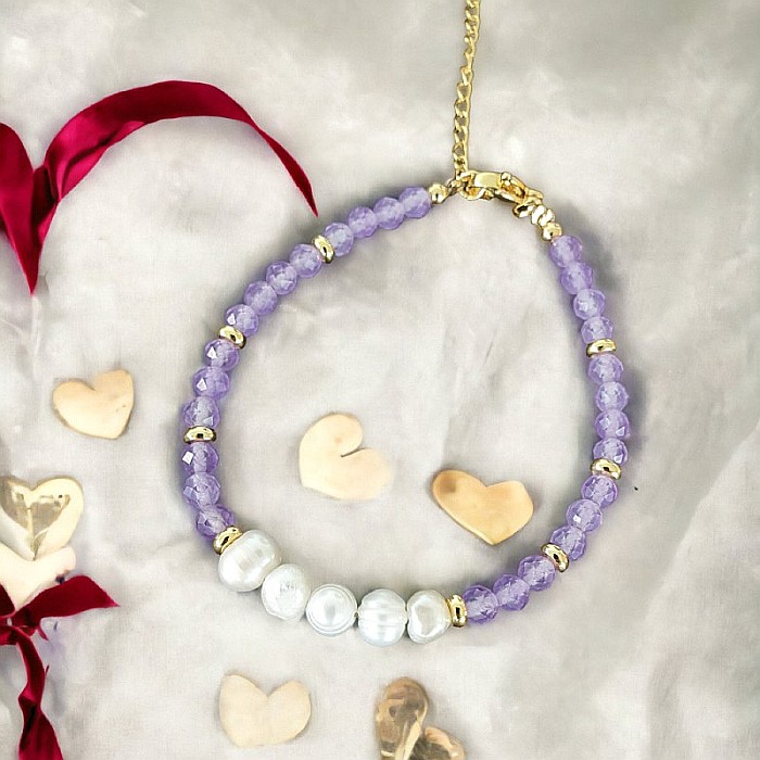 Bratara prieteniei Natya din cristale de Ametist si Perle Naturale [8]