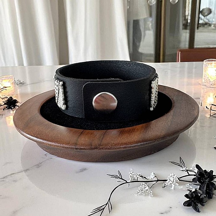 Bratara rigida Lira miyuki negru-argintiu pe suport din piele, 18 cm [4]