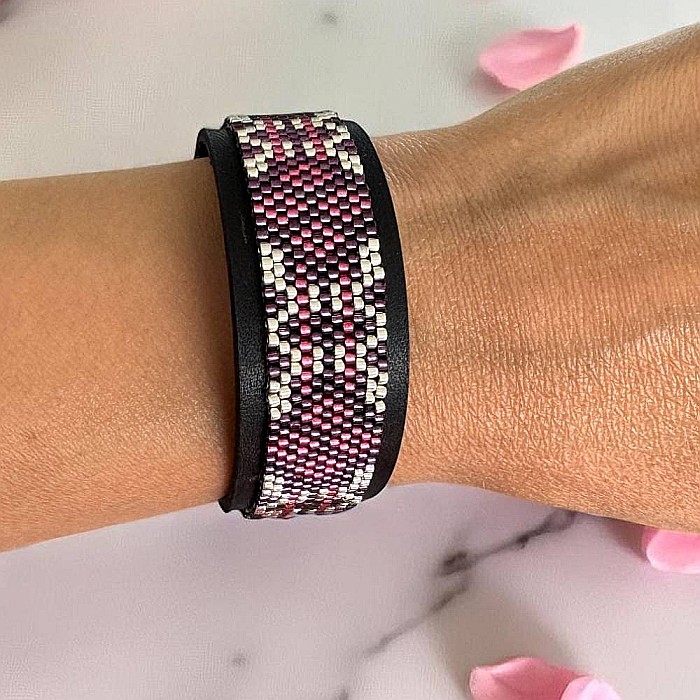 Bratara rigida Lira miyuki roz-argintiu pe suport din piele, 18 cm [5]