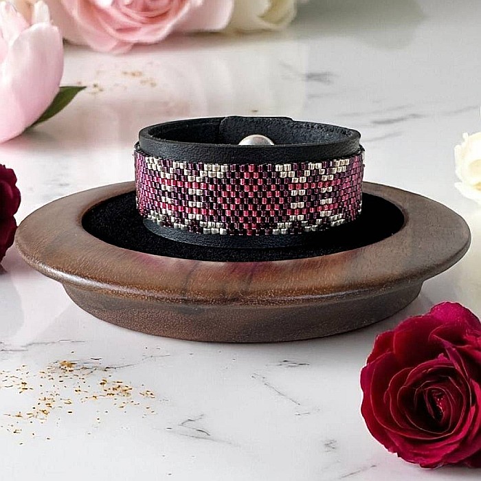 Bratara rigida Lira miyuki roz-argintiu pe suport din piele, 18 cm [2]