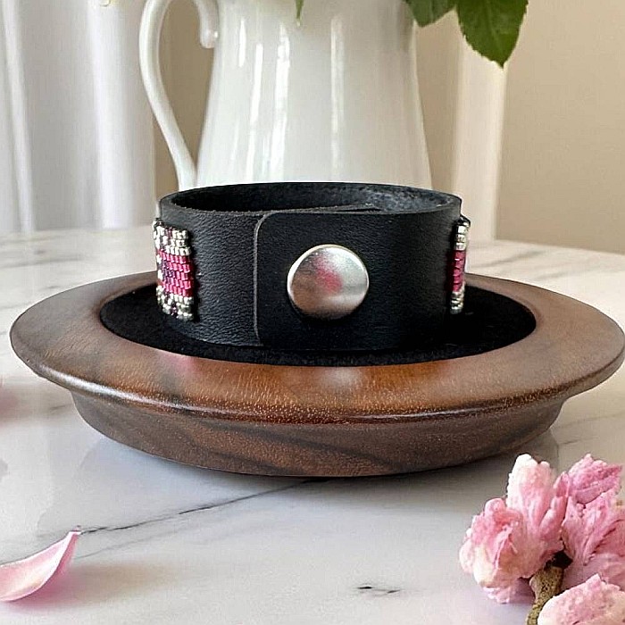 Bratara rigida Lira miyuki roz-argintiu pe suport din piele, 18 cm [4]