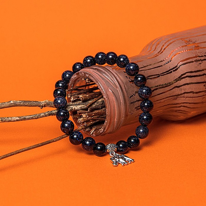 Bratara “Samara” cu pietre semipretioase sintetice, Sand Stone Albastru si Charm Elefant, pentru femei, margele de 8 mm [4]