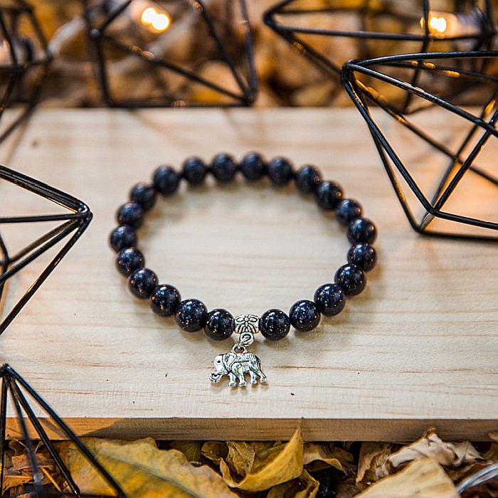 Bratara “Samara” cu pietre semipretioase sintetice, Sand Stone Albastru si Charm Elefant, pentru femei, margele de 8 mm [6]