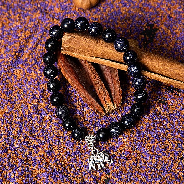 Bratara “Samara” cu pietre semipretioase sintetice, Sand Stone Albastru si Charm Elefant, pentru femei, margele de 8 mm [3]