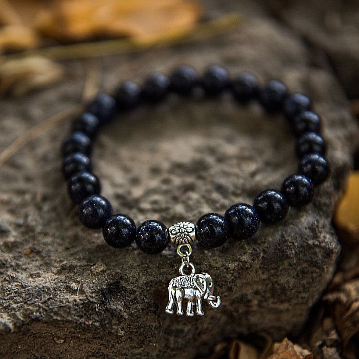 Bratara “Samara” cu pietre semipretioase sintetice, Sand Stone Albastru si Charm Elefant, pentru femei, margele de 8 mm [5]