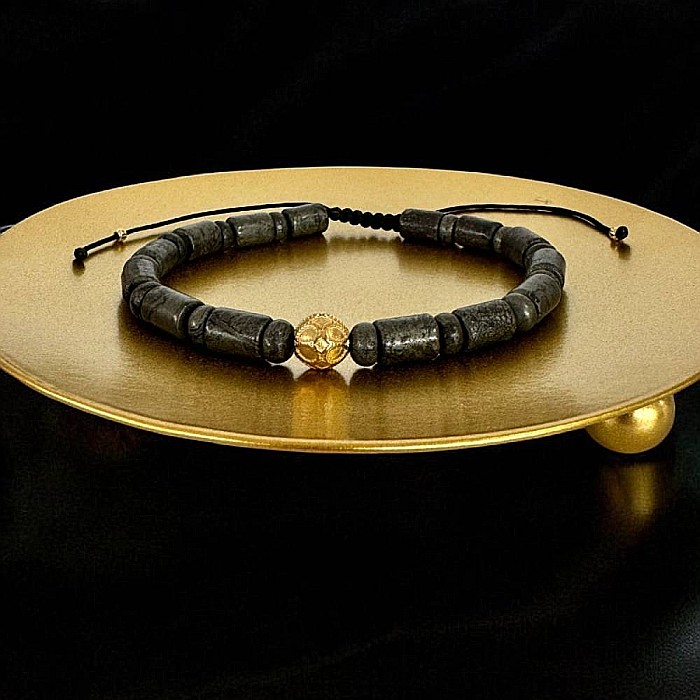 Bratara snur barbati Alger din Pirita cu charm din inox placat auriu [6]