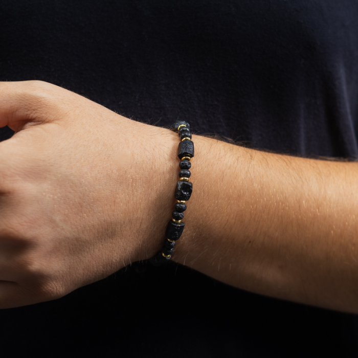 Bratara snur barbati din turmalina neagra naturala realizata manual, cu margele de lava, Devyan [2]