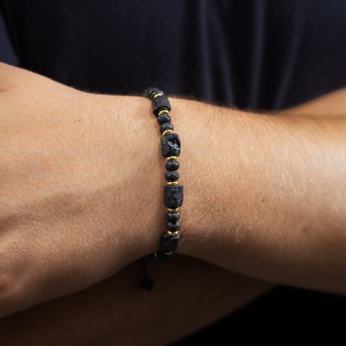 Bratara snur barbati din turmalina neagra naturala realizata manual, cu margele de lava, Devyan [7]