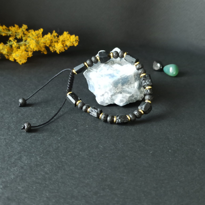 Bratara snur barbati din turmalina neagra naturala realizata manual, cu margele de lava, Devyan [5]