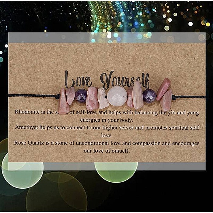 Bratara snur Love Yourself din cristale de Rodonit, Ametist si Cuart Roz [3]