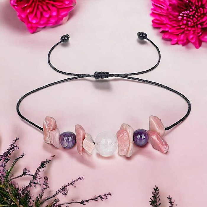 Bratara snur Love Yourself din cristale de Rodonit, Ametist si Cuart Roz [2]