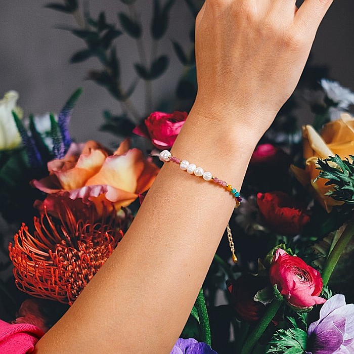 Bratara Taya din perle naturale si cristale de Turmalina roz, Topaz, Amazonit si Ametist din Argint 925 placat cu aur [2]