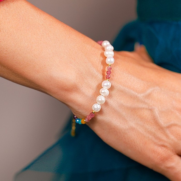 Bratara Taya din perle naturale si cristale de Turmalina roz, Topaz, Amazonit si Ametist din Argint 925 placat cu aur [6]