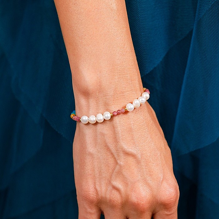 Bratara Taya din perle naturale si cristale de Turmalina roz, Topaz, Amazonit si Ametist din Argint 925 placat cu aur [7]