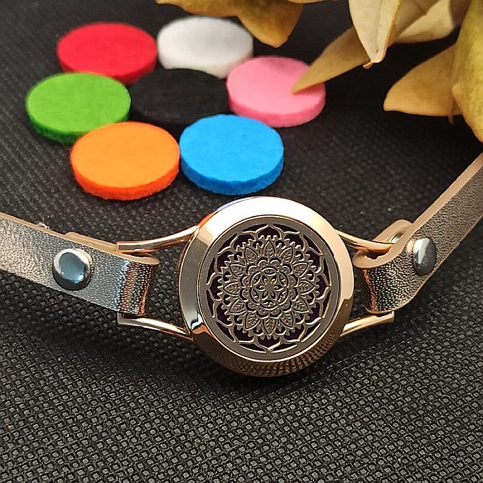 Bratara Uleiuri Esentiale pentru Aromaterapie, Curea din Piele Ecologica, Aurie, Dubla, cu Medalion Mandala Rose Gold [5]