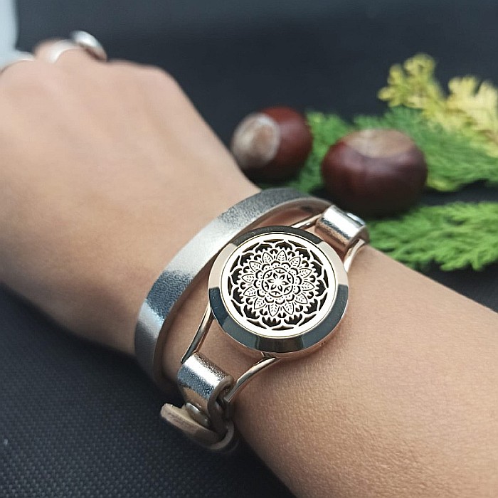 Bratara Uleiuri Esentiale pentru Aromaterapie, Curea din Piele Ecologica, Aurie, Dubla, cu Medalion Mandala Rose Gold [3]