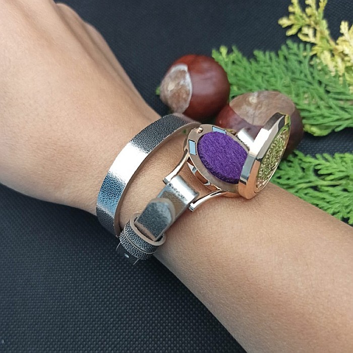 Bratara Uleiuri Esentiale pentru Aromaterapie, Curea din Piele Ecologica, Aurie, Dubla, cu Medalion Mandala Rose Gold [2]