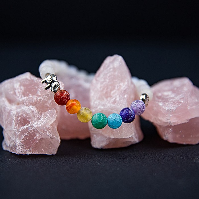 Bratara “WHITE” din Margele Weathered Agate si 7 Chakre cu Accesoriu Elefant, 8mm [1]