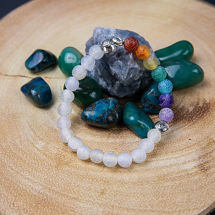 Bratara “WHITE” din Margele Weathered Agate si 7 Chakre cu Accesoriu Elefant, 8mm [2]