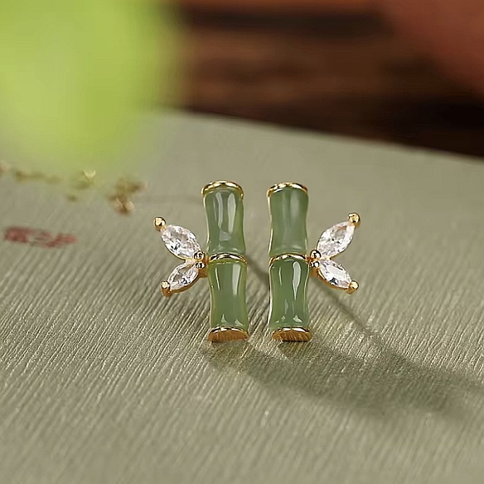 Cercei rafinati din argint 925 cu model bambus din cristale de Safir Verde [2]