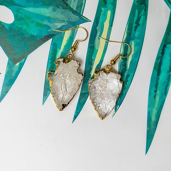 Cercei cristal cuart alb stanca model sageata placat cu aur 18K Boho Ameya [8]