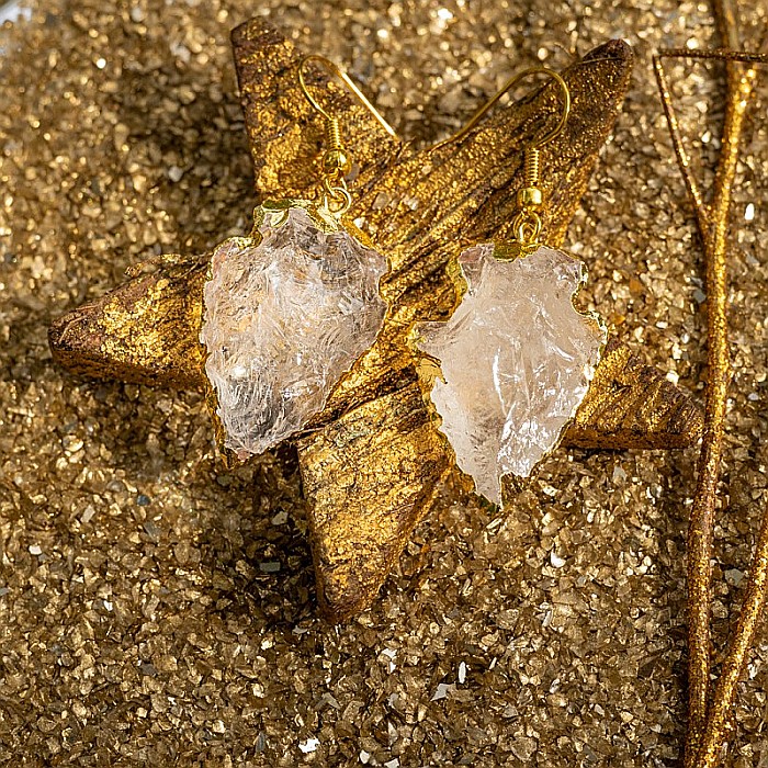 Cercei cristal cuart alb stanca model sageata placat cu aur 18K Boho Ameya [5]