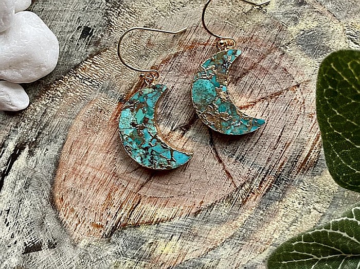 Cercei cristale Dangle Turcoaz, piatra bruta, Moon placati cu aur de 18K [5]