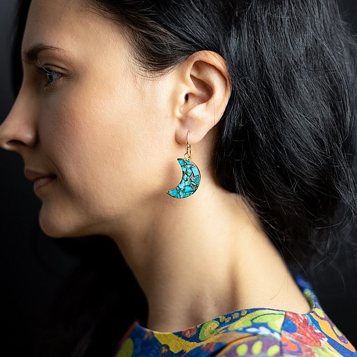 Cercei cristale Dangle Turcoaz, piatra bruta, Moon placati cu aur de 18K [3]