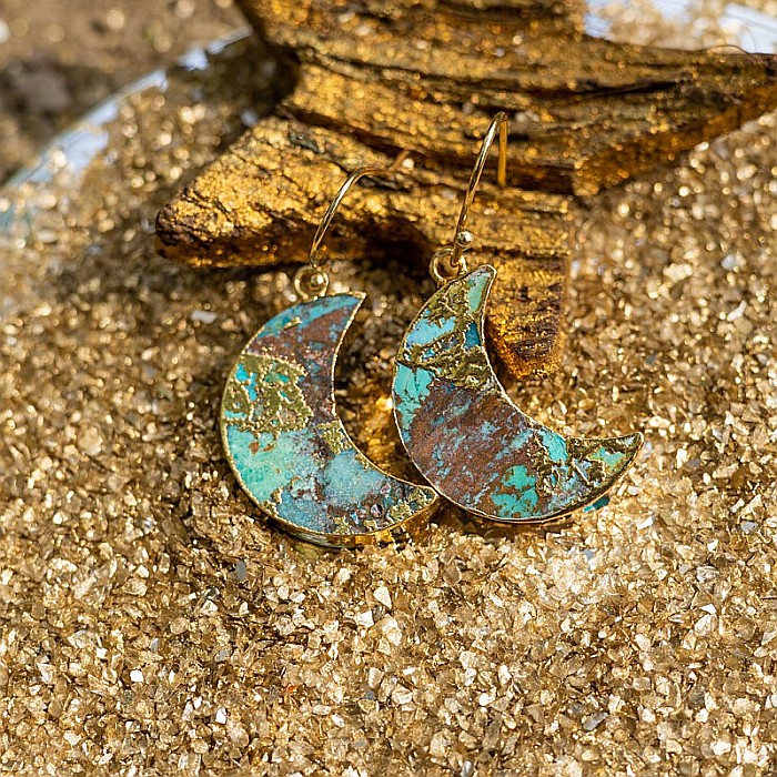 Cercei cristale Dangle Turcoaz, piatra bruta, Moon placati cu aur de 18K [2]