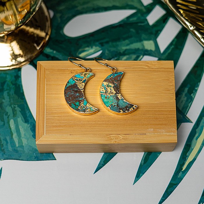 Cercei cristale Dangle Turcoaz, piatra bruta, Moon placati cu aur de 18K [8]