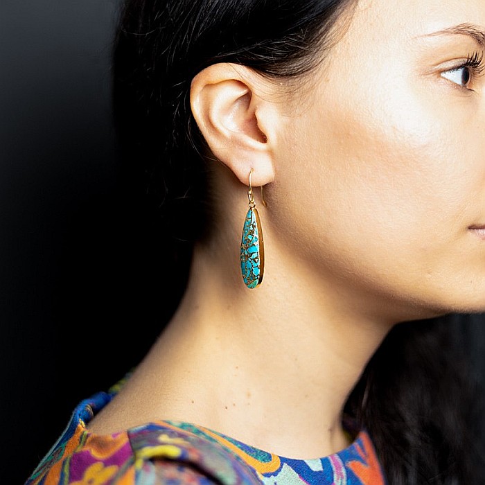 Cercei cristale Dangle Turcoaz, piatra bruta, Prisha placati cu aur de 18K [6]