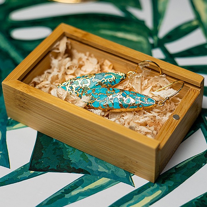 Cercei cristale Dangle Turcoaz, piatra bruta, Prisha placati cu aur de 18K [8]