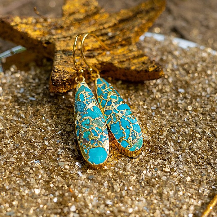 Cercei cristale Dangle Turcoaz, piatra bruta, Prisha placati cu aur de 18K [5]