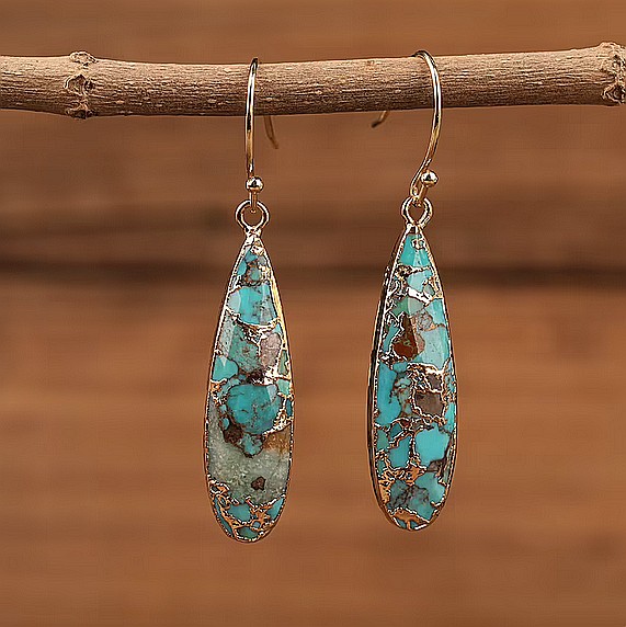 Cercei cristale Dangle Turcoaz, piatra bruta, Prisha placati cu aur de 18K [3]