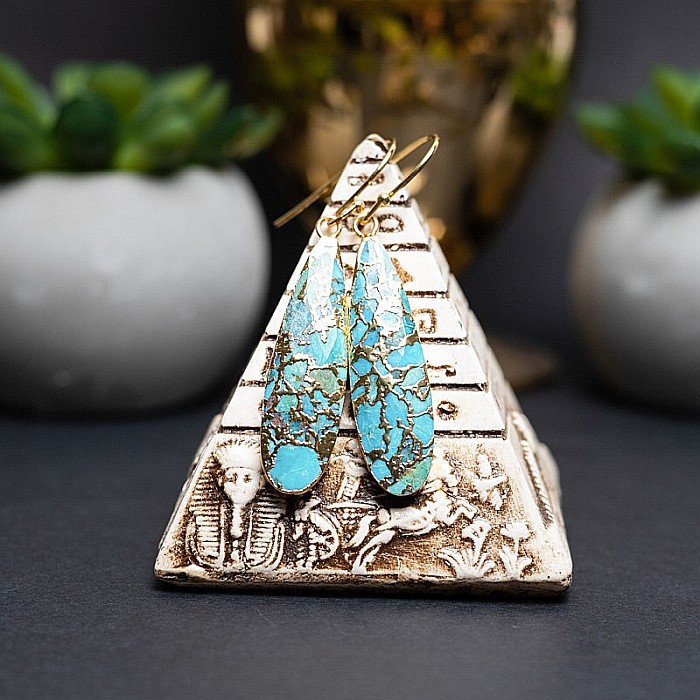 Cercei cristale Dangle Turcoaz, piatra bruta, Prisha placati cu aur de 18K [9]