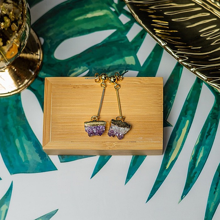 Cercei cristale Drop Ametist brut, placati cu aur 18K, Nirmala [7]