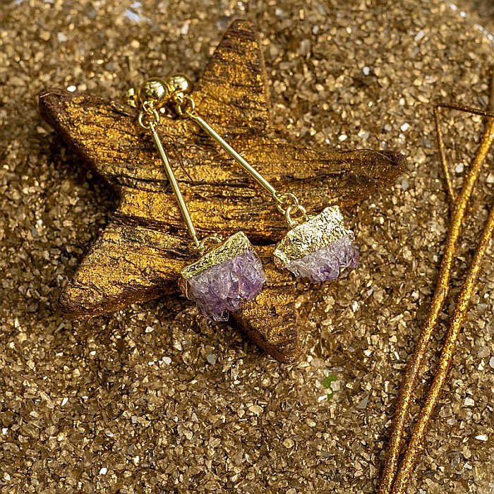 Cercei cristale Drop Ametist brut, placati cu aur 18K, Nirmala [3]