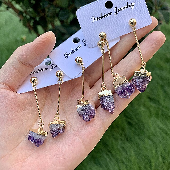 Cercei cristale Drop Ametist brut, placati cu aur 18K, Nirmala [6]