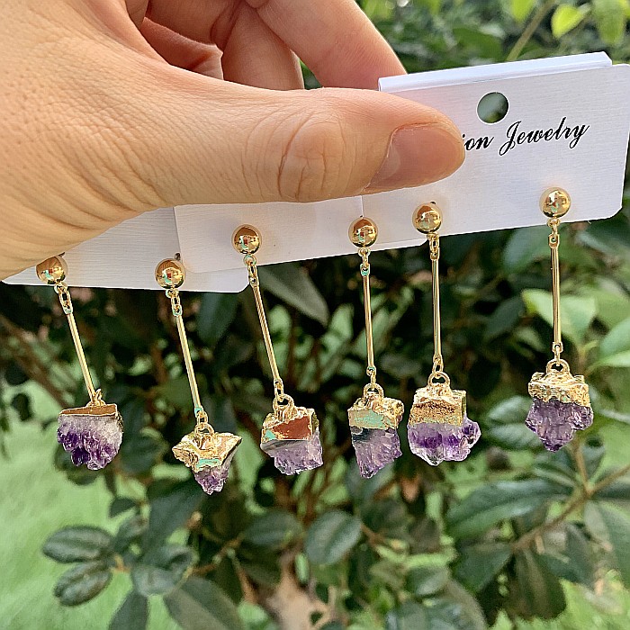 Cercei cristale Drop Ametist brut, placati cu aur 18K, Nirmala [8]