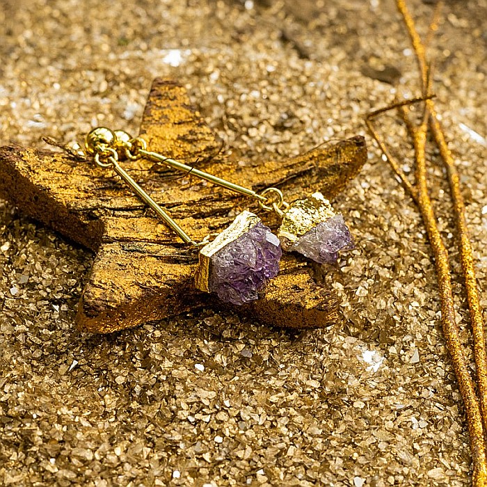 Cercei cristale Drop Ametist brut, placati cu aur 18K, Nirmala [9]