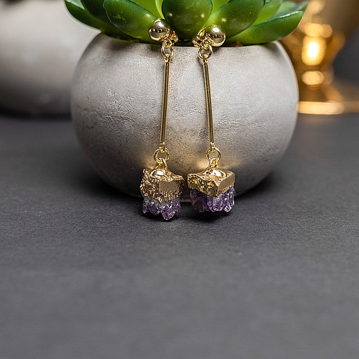Cercei cristale Drop Ametist brut, placati cu aur 18K, Nirmala [5]