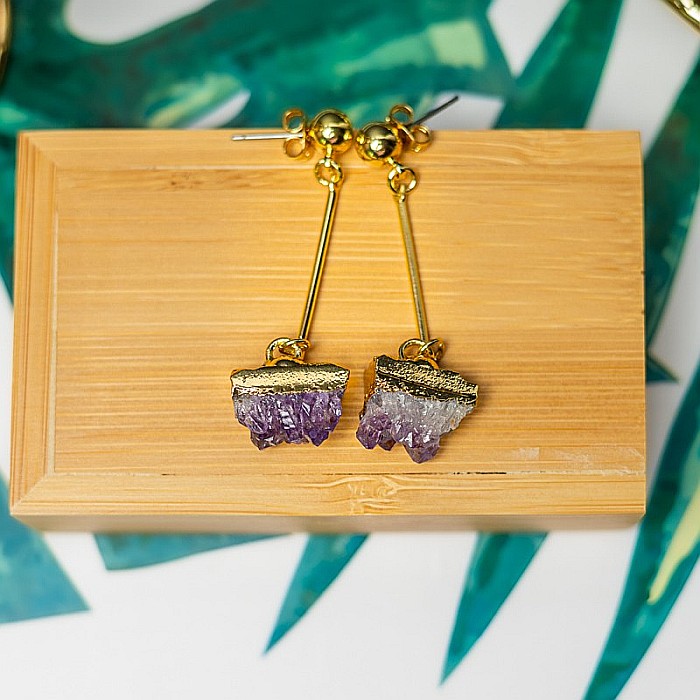 Cercei cristale Drop Ametist brut, placati cu aur 18K, Nirmala [4]