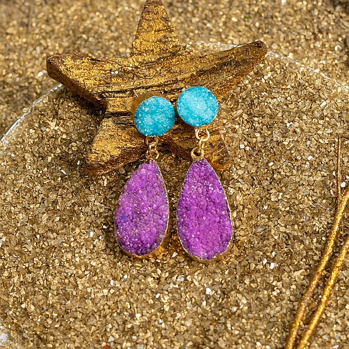 Cercei cristale Druzy Agate picatura Bimala placat cu aur 18K [3]