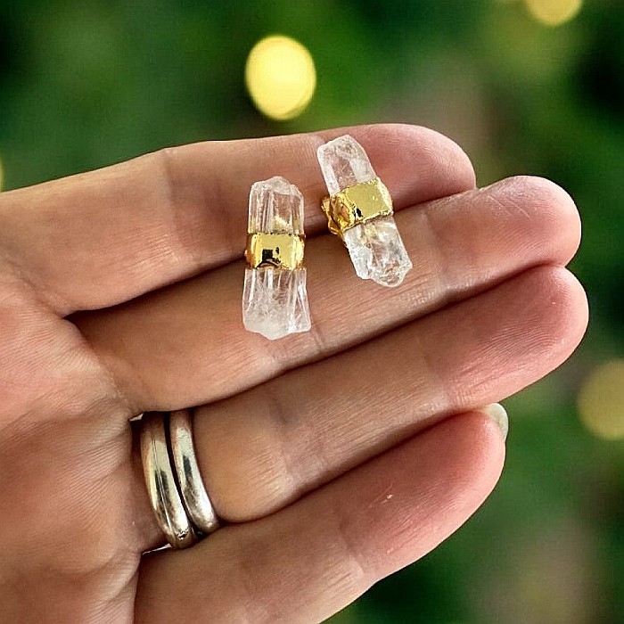 Cercei din cuart transparent, model minimalist Saren, din alama placata cu aur [7]